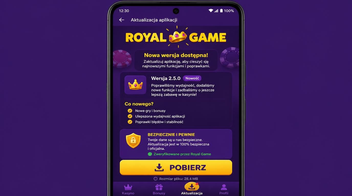 Interfejs aktualizacji APK Royal Game Casino z dużym przyciskiem i informacją Nowa wersja dostępna