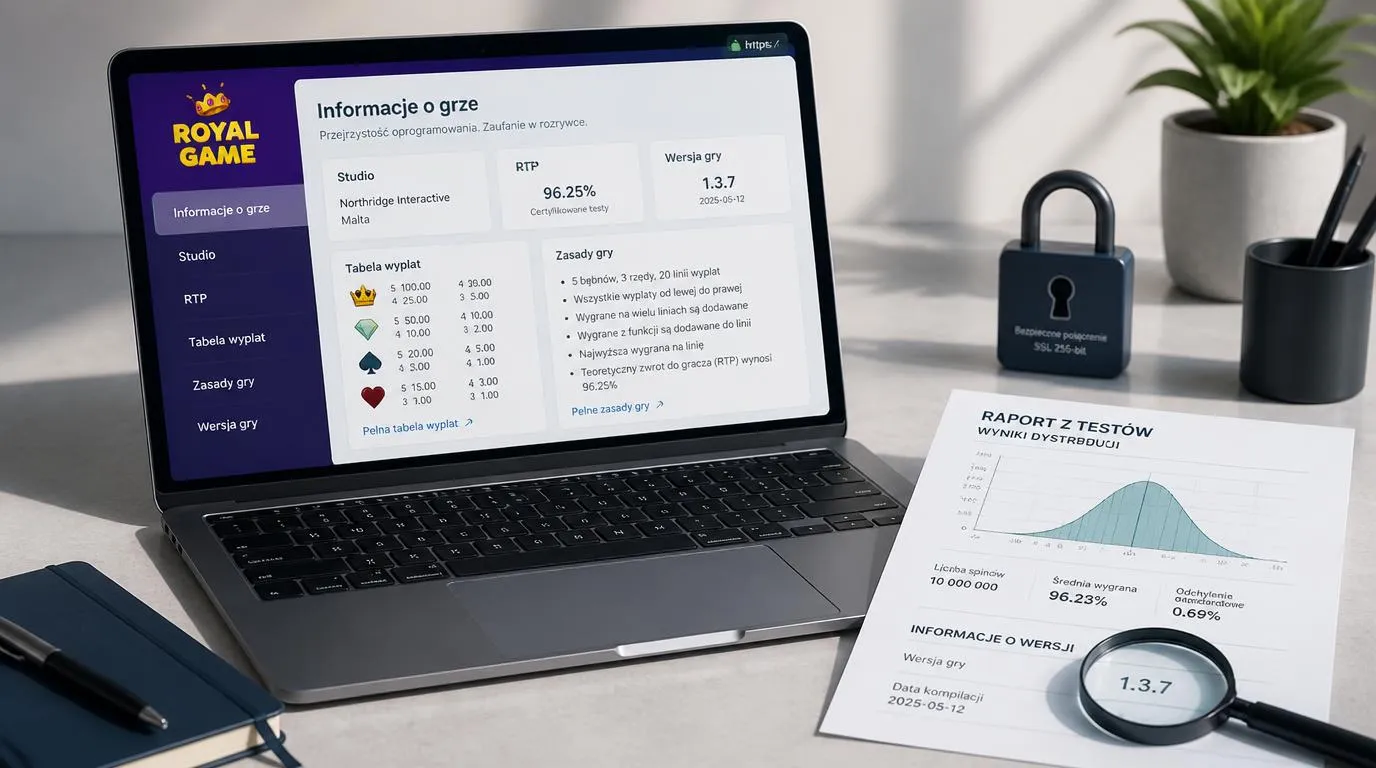 Panel informacji o grze z nazwą studia, parametrem RTP i dokumentem badania RNG obok laptopa