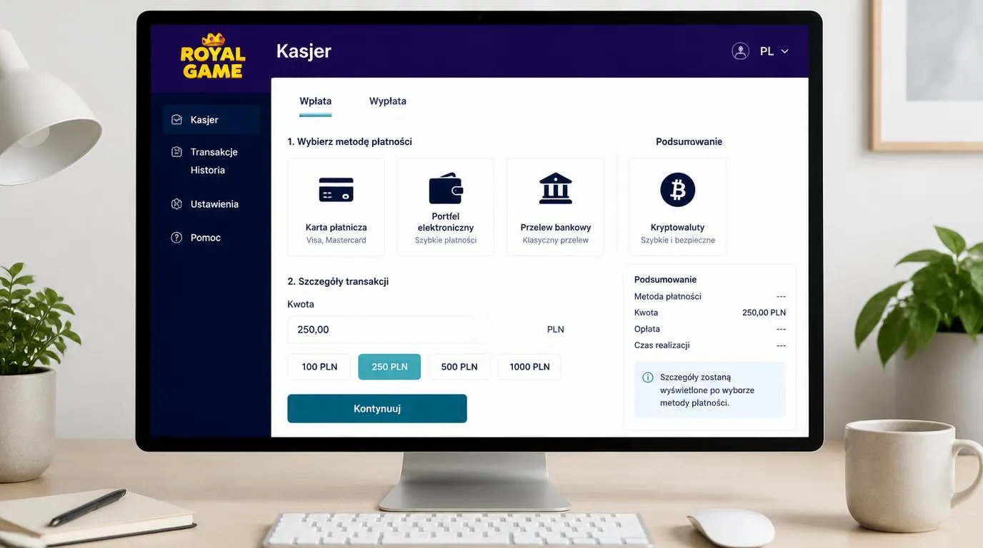 Panel kasy z wyborem karty, portfela, przelewu i kryptowaluty oraz kwotą transakcji w PLN